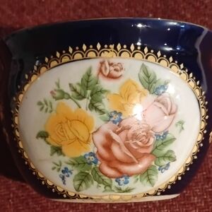 Colbalt Blue Porcelain Jardiniere/ With Hand Painted Floral Bouquet